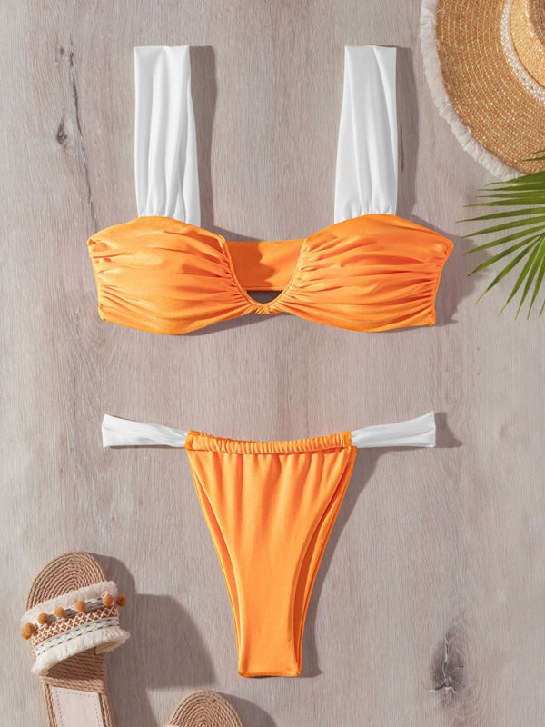 Bikini solid color push up V pleated swimsuit