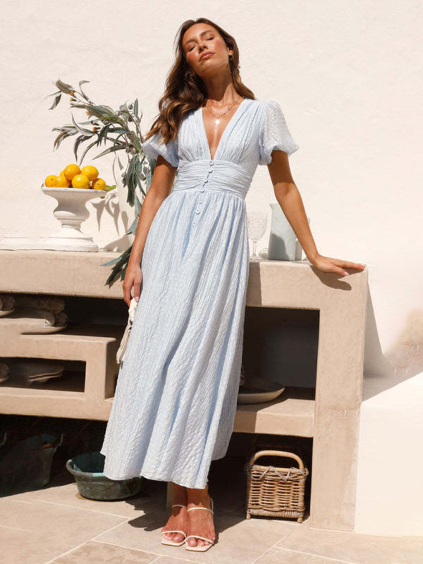 Solid Color V-Neck Long Puff Sleeve Oversized Waist Dress