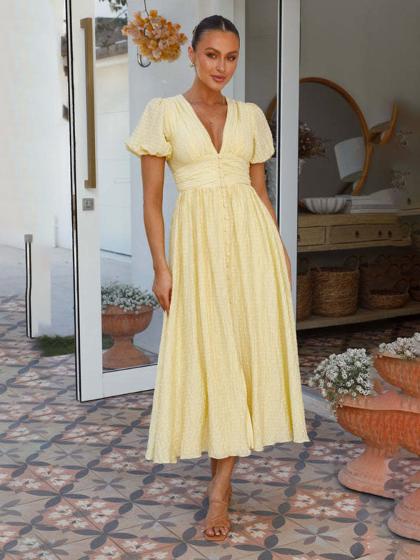 Solid Color V-Neck Long Puff Sleeve Oversized Waist Dress