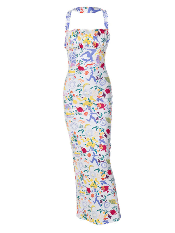 Multicolor printed wrap-neck halter neck dress