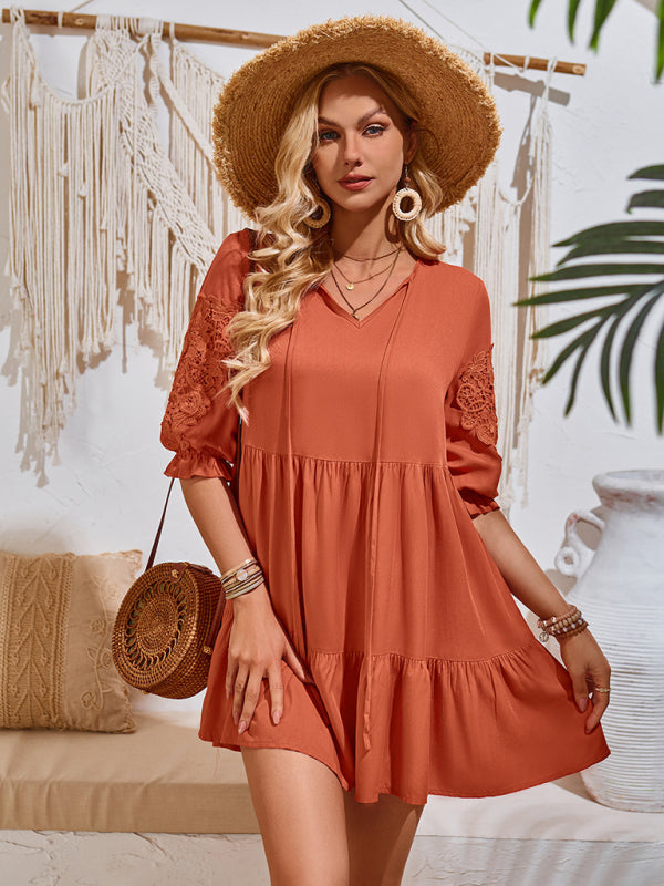 Casual solid color waisted webbing dress