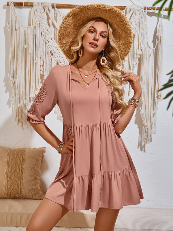 Casual solid color waisted webbing dress