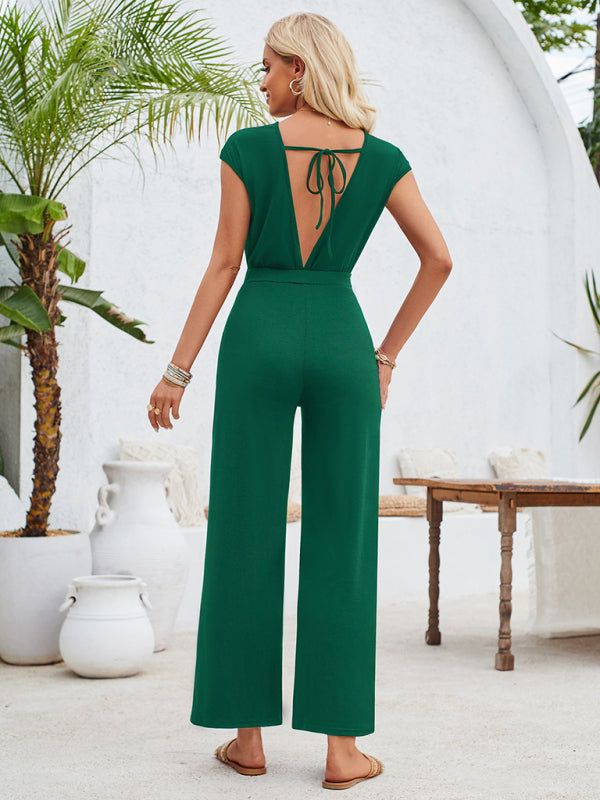 Casual solid color round neck short sleeve women's jumpsuit