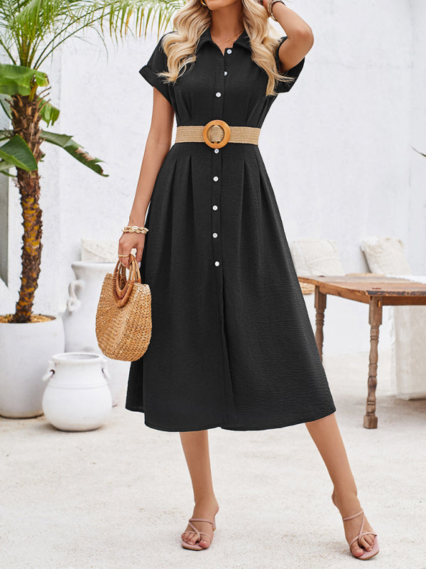 Solid color lapel single-breasted short-sleeved pleated dress