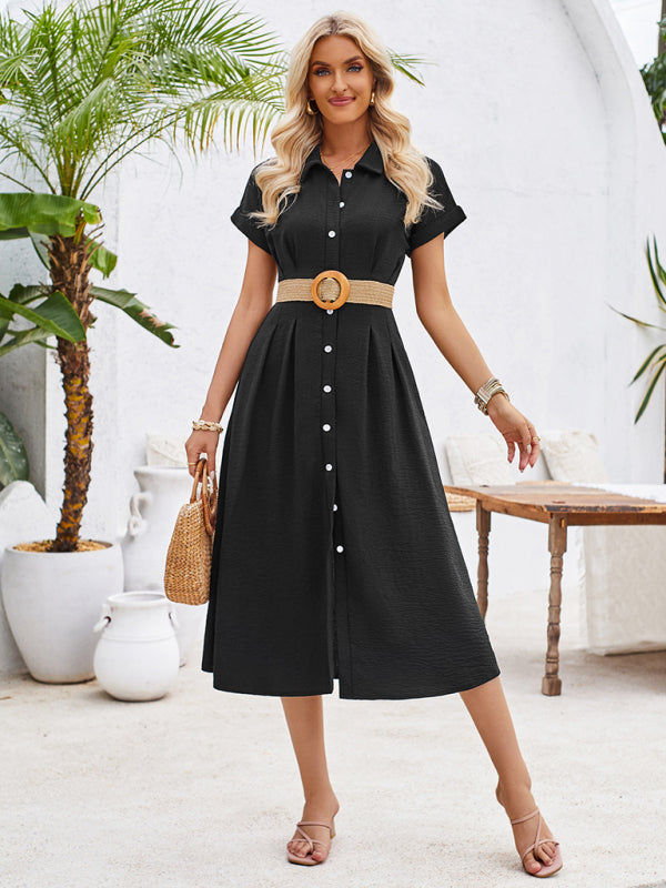 Solid color lapel single-breasted short-sleeved pleated dress