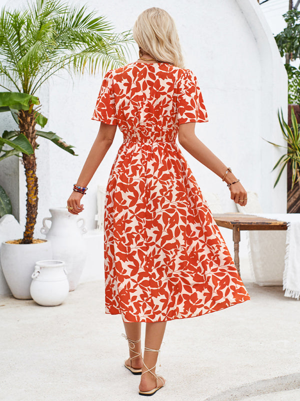 V-neck short-sleeved waist floral print dress