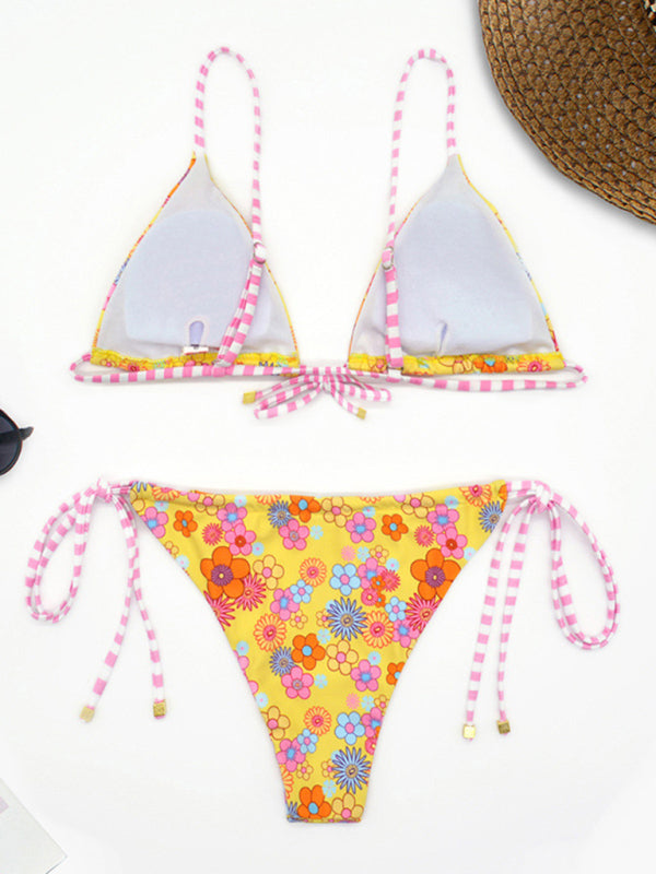 Floral print strap triangle backless bikini
