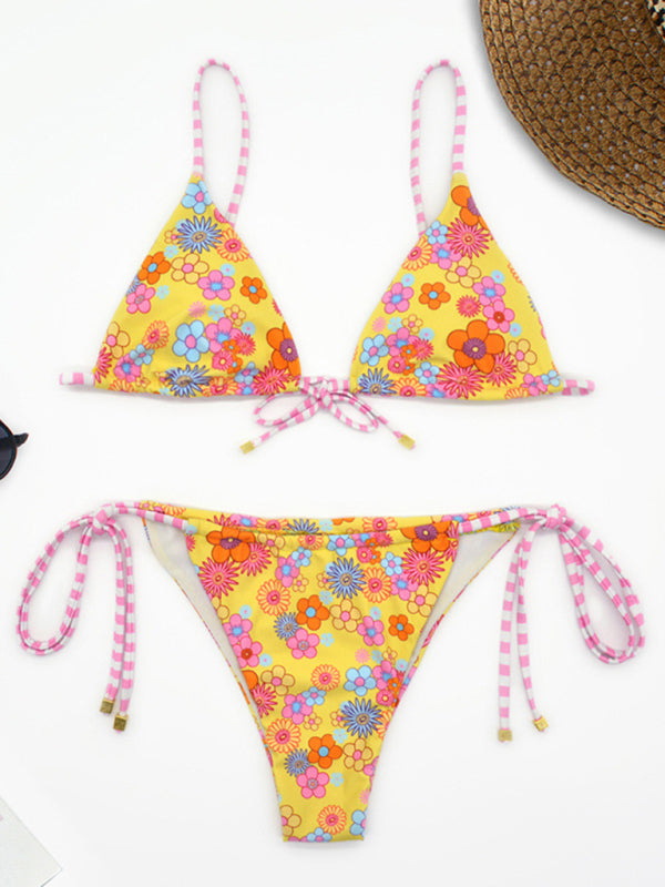 Floral print strap triangle backless bikini