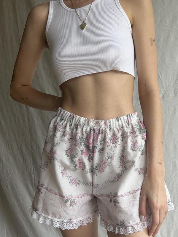 Lace splicing printed thin shorts