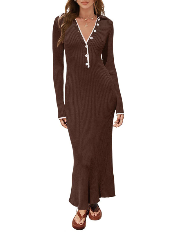 Lapel knitted slim fit hip-hugging long-sleeved dress