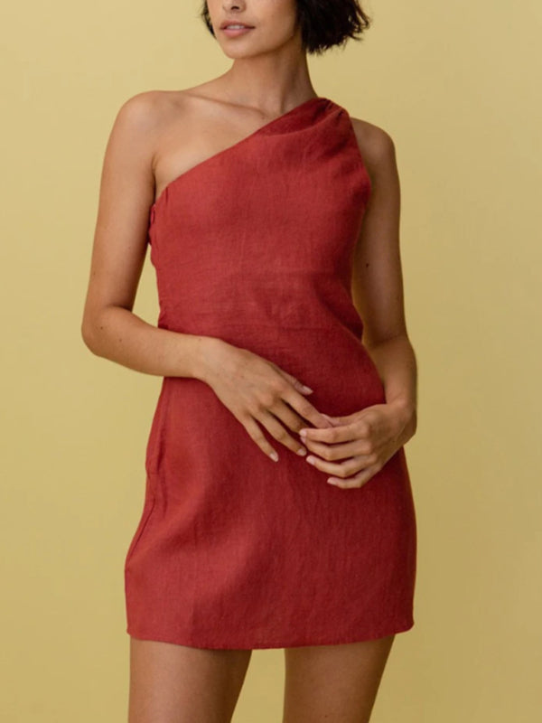 Casual solid color slant shoulder dress