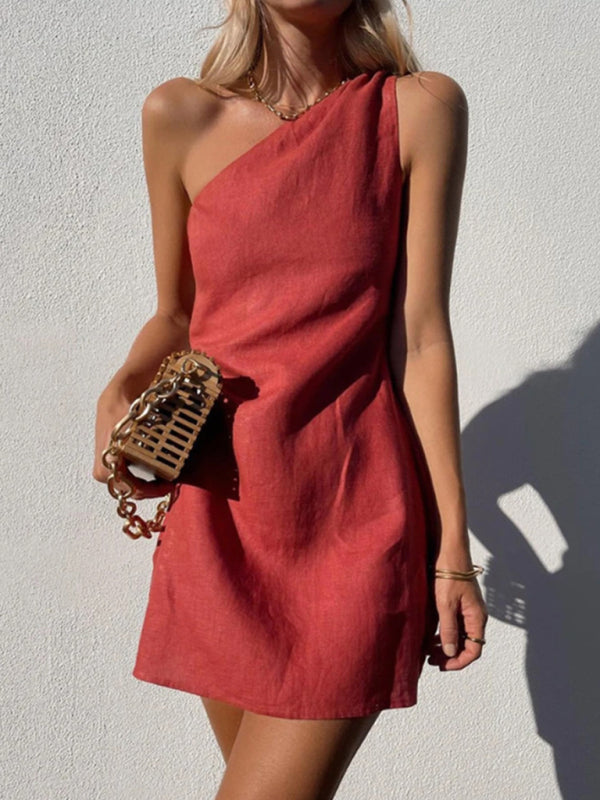 Casual solid color slant shoulder dress