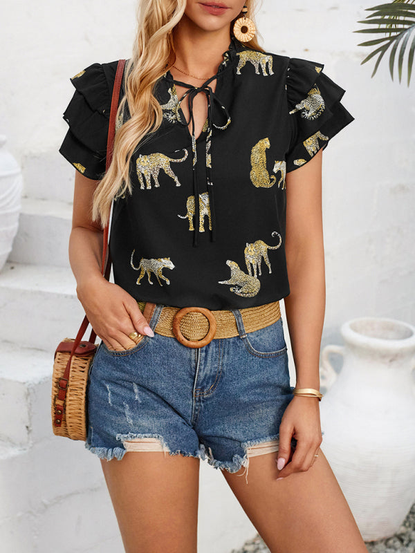 Casual summer V-neck printed ruffle sleeve top