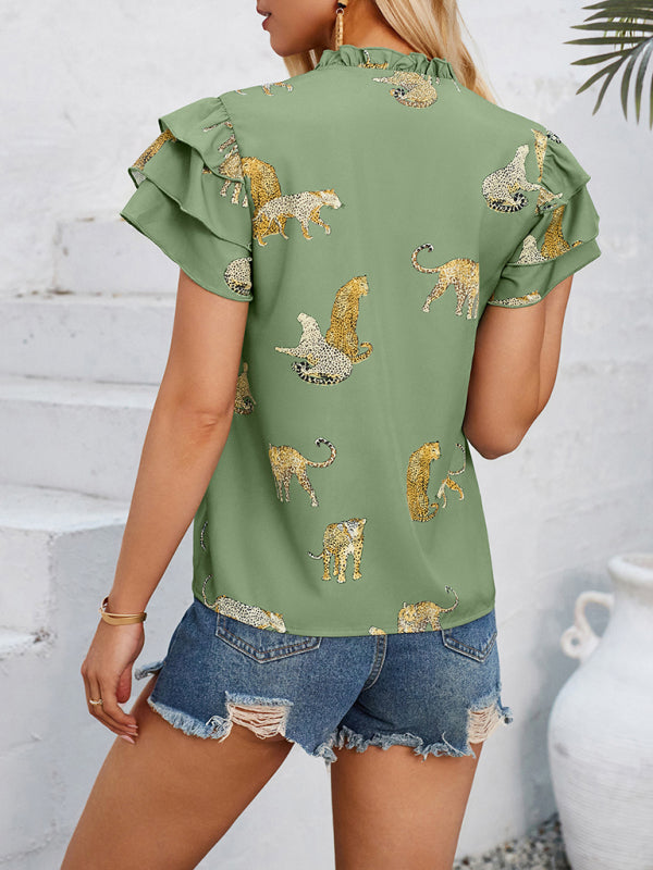 Casual summer V-neck printed ruffle sleeve top