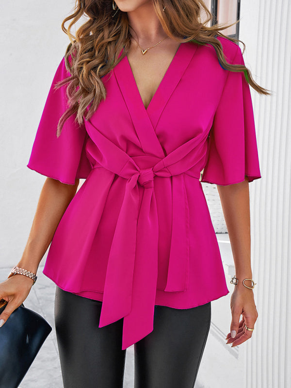 Women's solid color elegant short sleeve strappy tunic top
