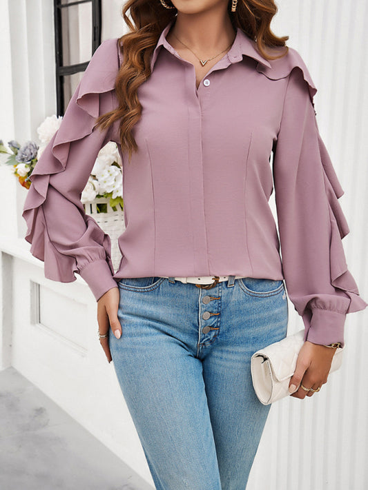 Casual solid color ruffle sleeve shirt