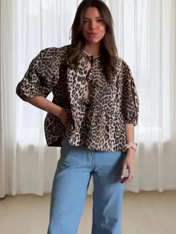 Casual Leopard Print Hollow Lace Up Puff Sleeve Shirt