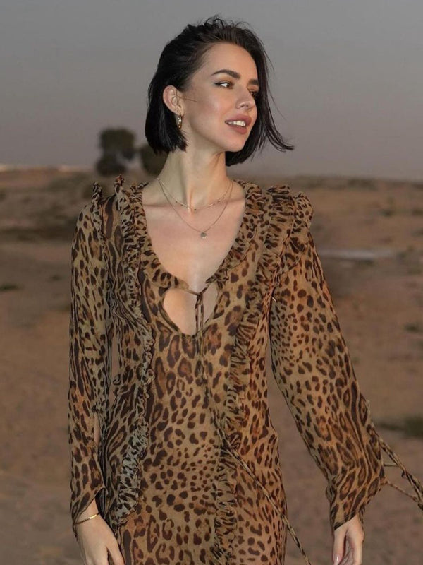 Leopard print with ruffled front slit long sleeves dress