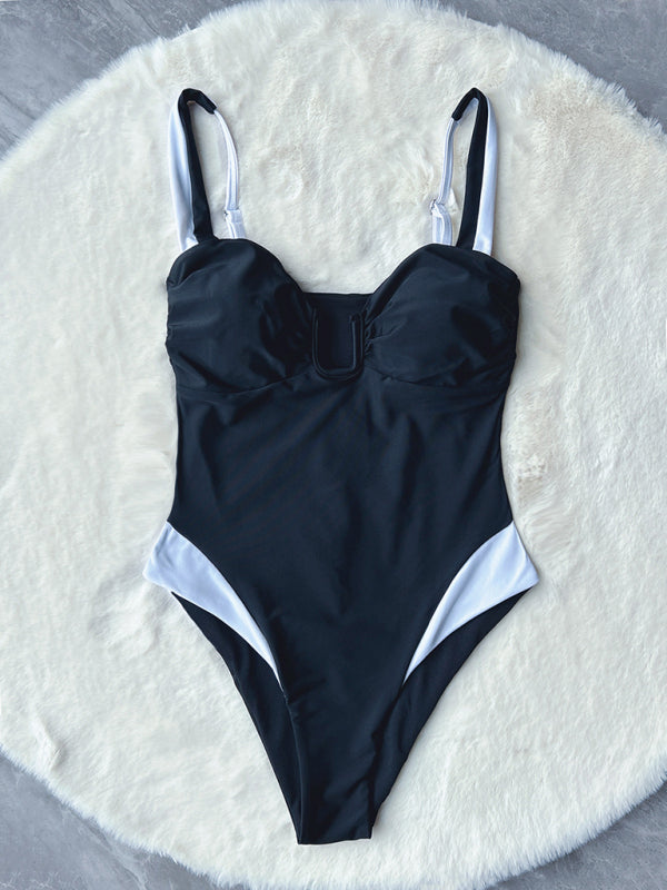 Deep V stitching contrast color one-piece swimsuit