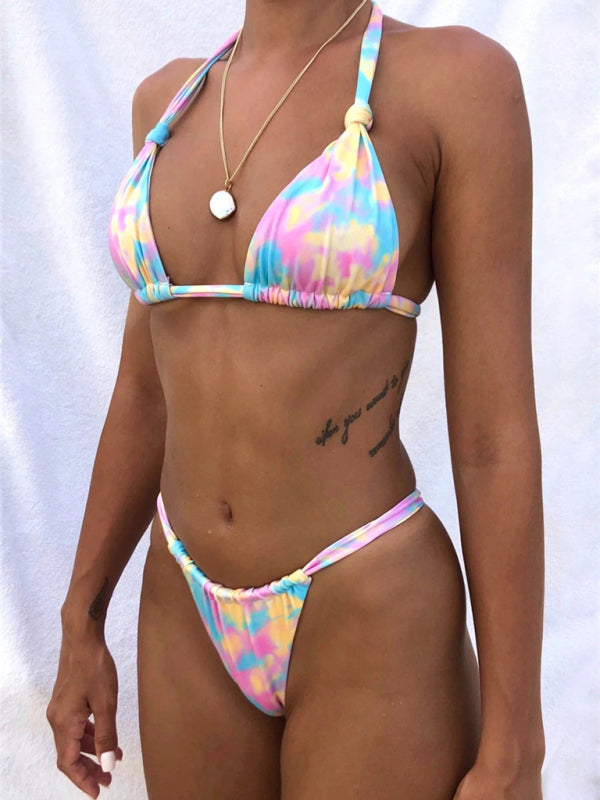 Gradient printed halterneck string buttoned bikini