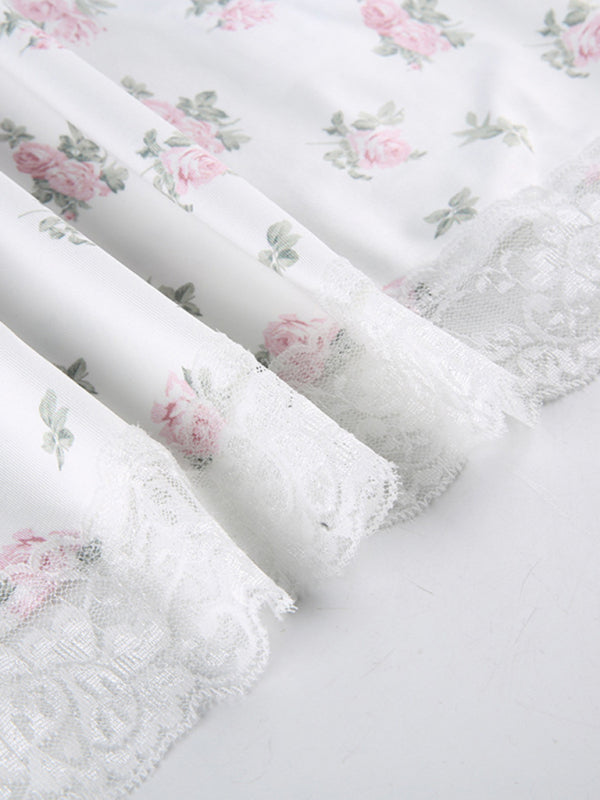 Floral contrasting lace stitching low-cut suspender-covering sleepwear
