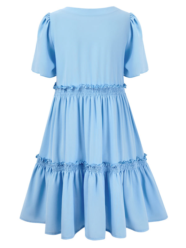 Solid color V-neck casual ruffle sleeve dress