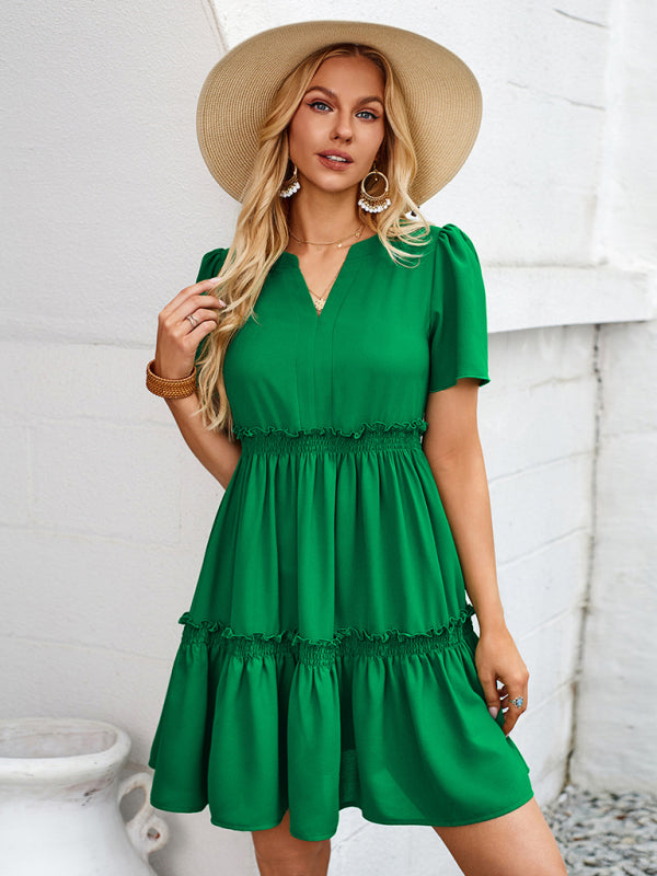 Solid color V-neck casual ruffle sleeve dress
