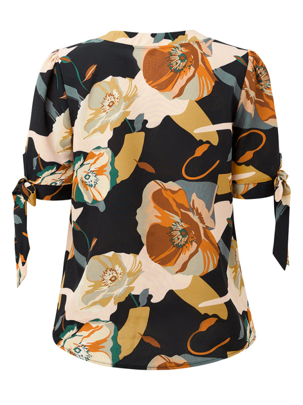 Floral printed casual V-neck knotted top