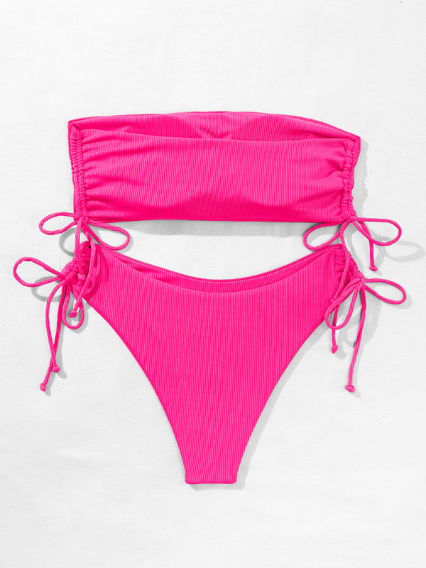 Split bandeau strap solid color multi-color bikini