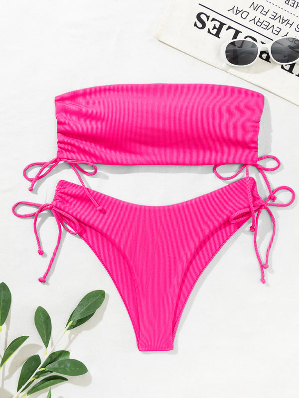 Split bandeau strap solid color multi-color bikini