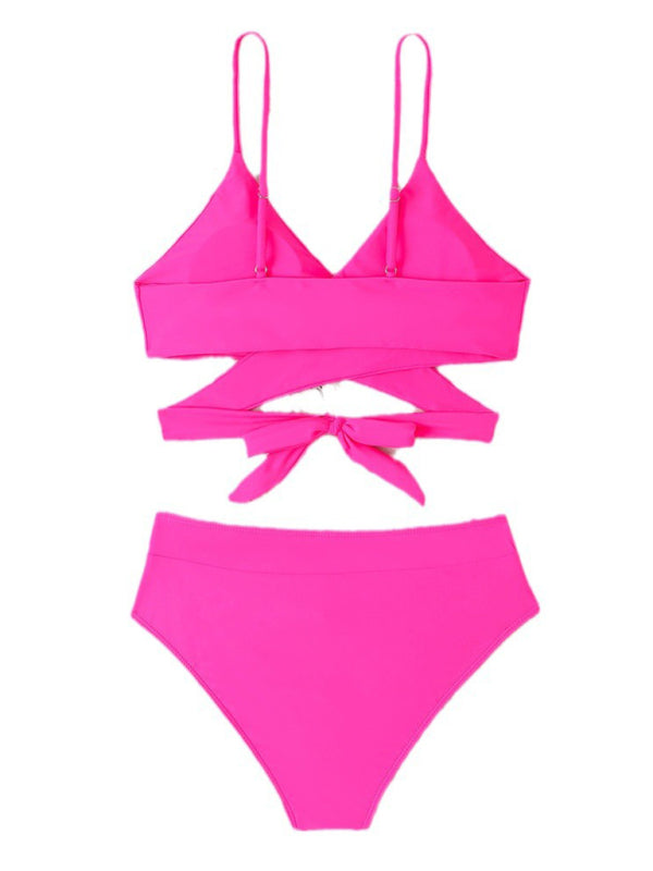 Solid color split high waist strappy bikini
