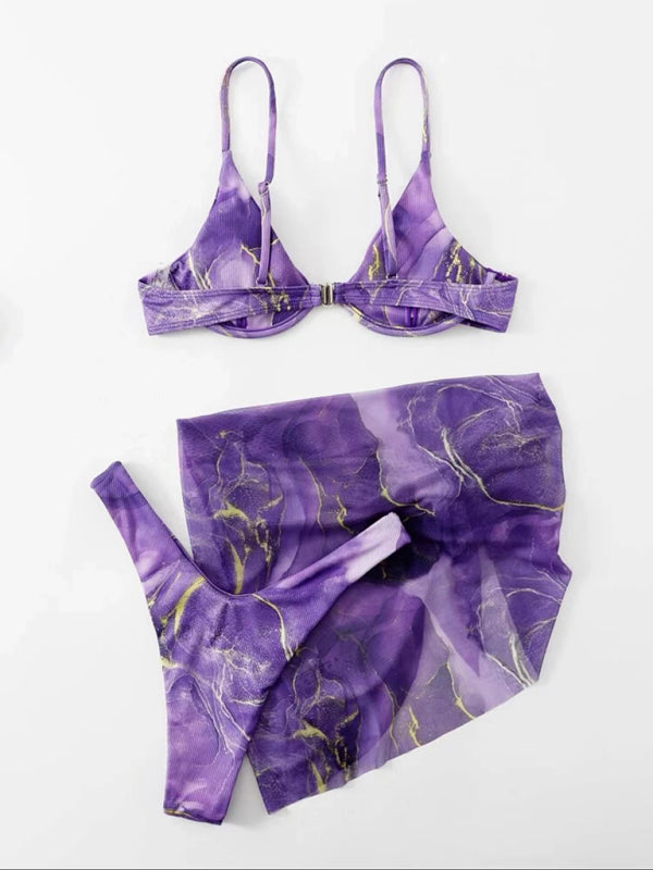 Marble tie-dye three-piece bikini set