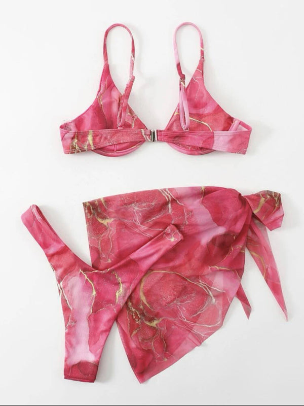 Marble tie-dye three-piece bikini set