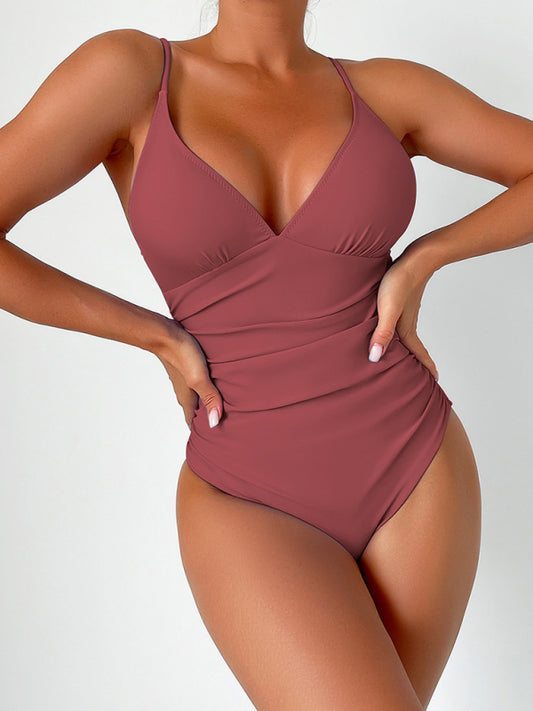 Solid color deep V one-piece swimsuit