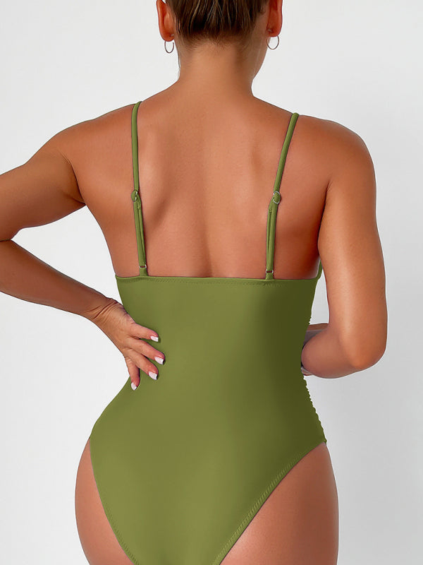 Solid color deep V one-piece swimsuit