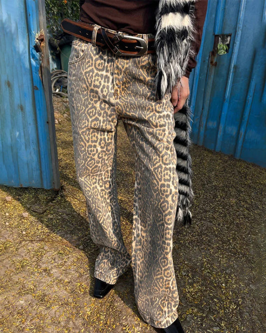 Leopard print street straight wide leg loose denim trousers