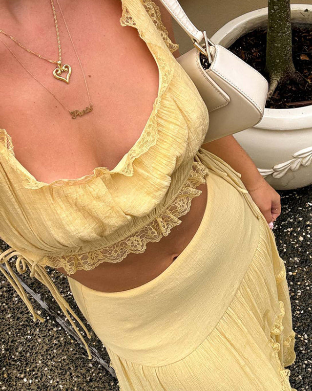 Solid color lace up top long skirt set