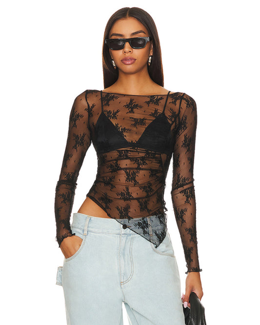 See-through small stand-up collar long-sleeved lace shirt
