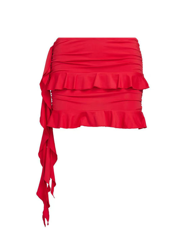 Ruffled comfortable solid color miniskirt set
