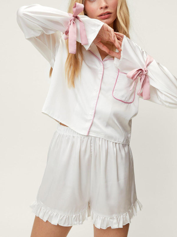 Lapel long-sleeved pajamas two-piece set