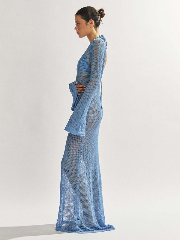 Long-sleeved backless see-through floor-length maxi dress