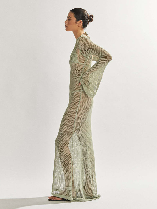 Long-sleeved backless see-through floor-length maxi dress