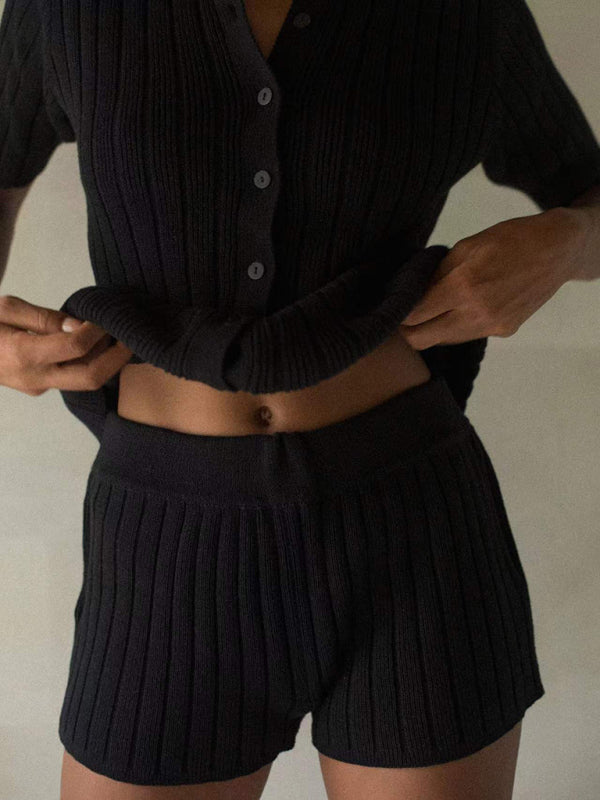 Lapel knitted short-sleeved cardigan thin shorts set