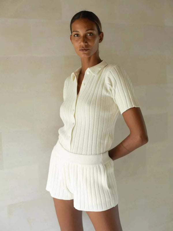 Lapel knitted short-sleeved cardigan thin shorts set