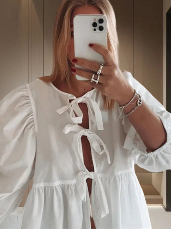 Sweet Casual Strappy Round Neck Puff Sleeve Versatile Shirt