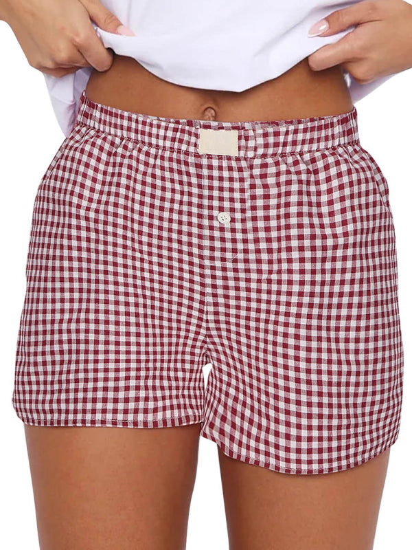 Women's casual high-waisted loose wide-leg plaid shorts