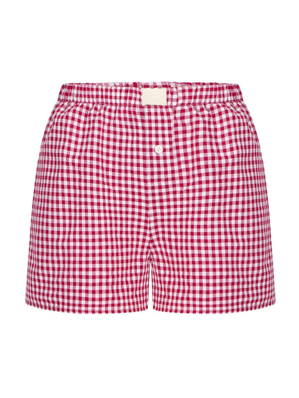 Women's casual high-waisted loose wide-leg plaid shorts