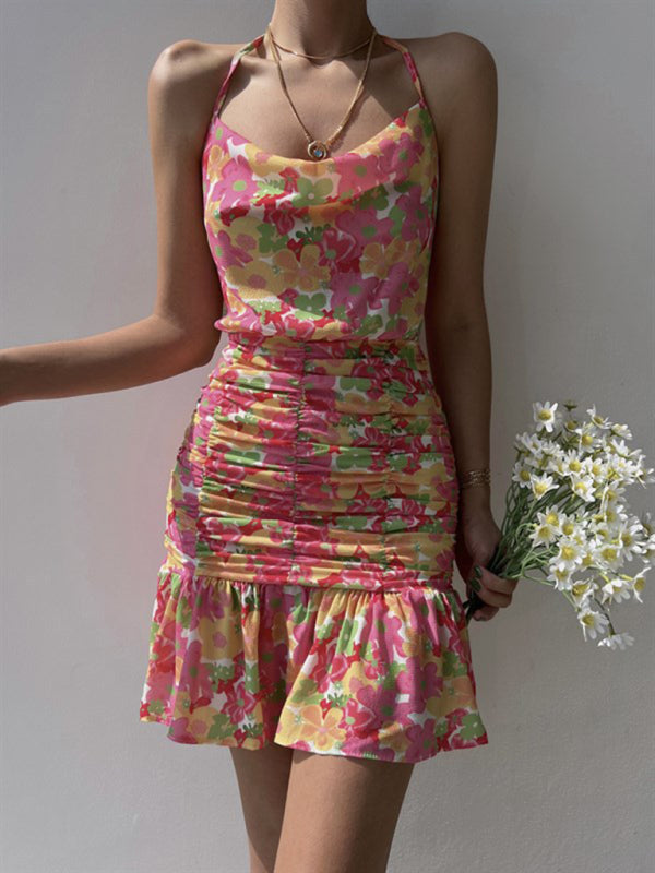 Ladies floral print hip strap dress