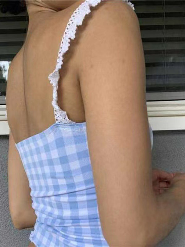 Spliced lace small suspender slim short plaid top