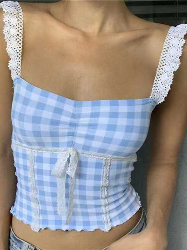 Spliced lace small suspender slim short plaid top
